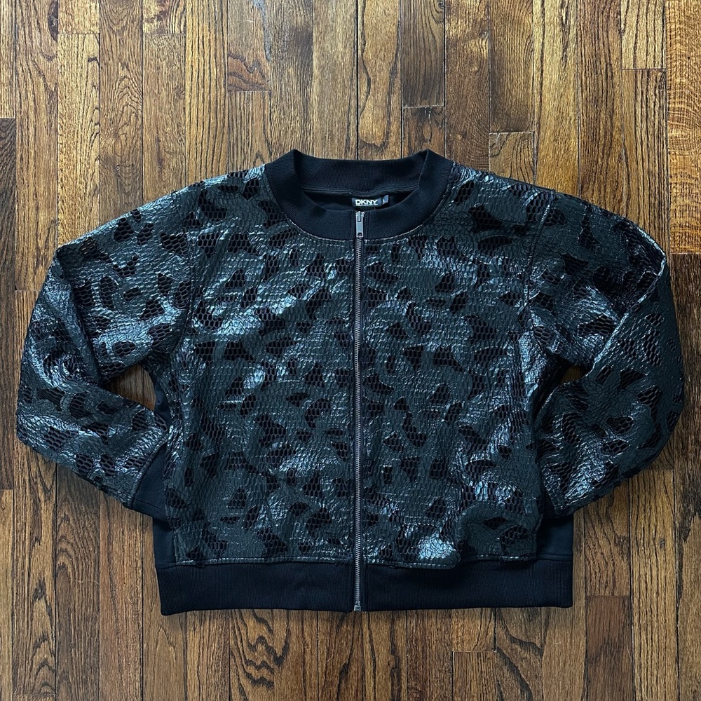 DKNY Black Glossy Textured Bomber Jacket large
